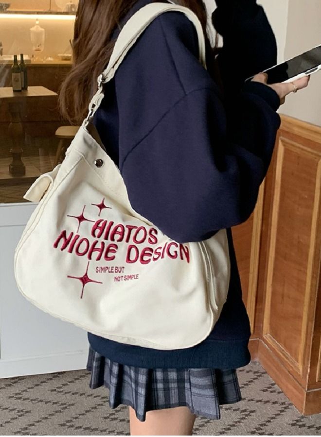 NIBEMINENT Large Capacity Tote Bag Single Shoulder Crossbody Embroidered Multi Pocket Canvas Bag  - Image 2