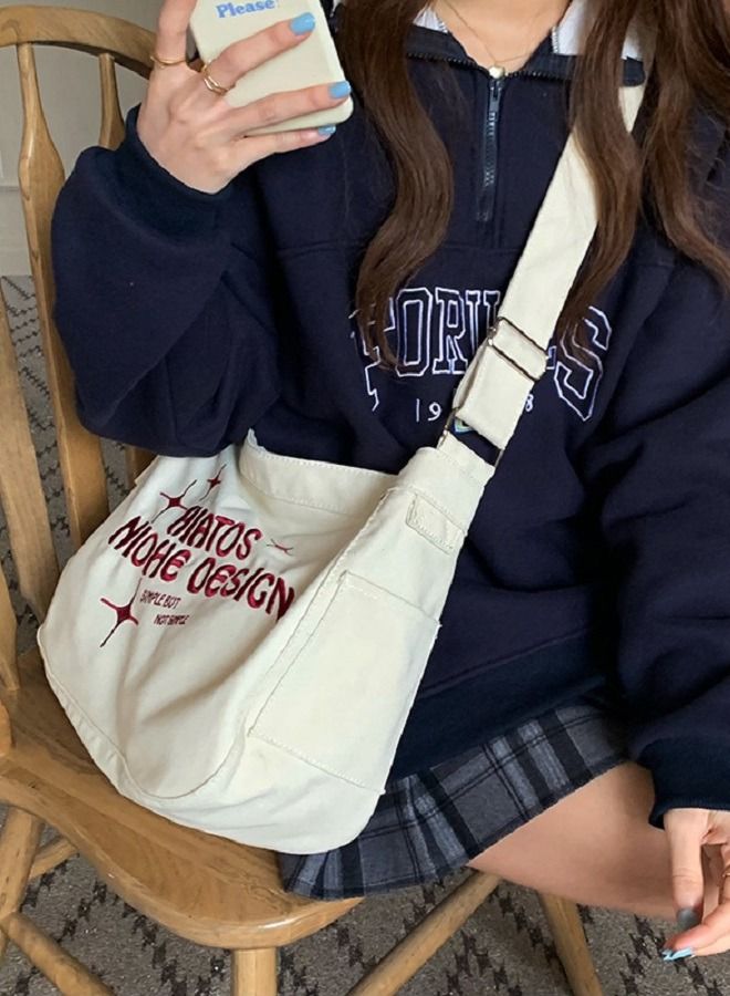 NIBEMINENT Large Capacity Tote Bag Single Shoulder Crossbody Embroidered Multi Pocket Canvas Bag  - Image 3