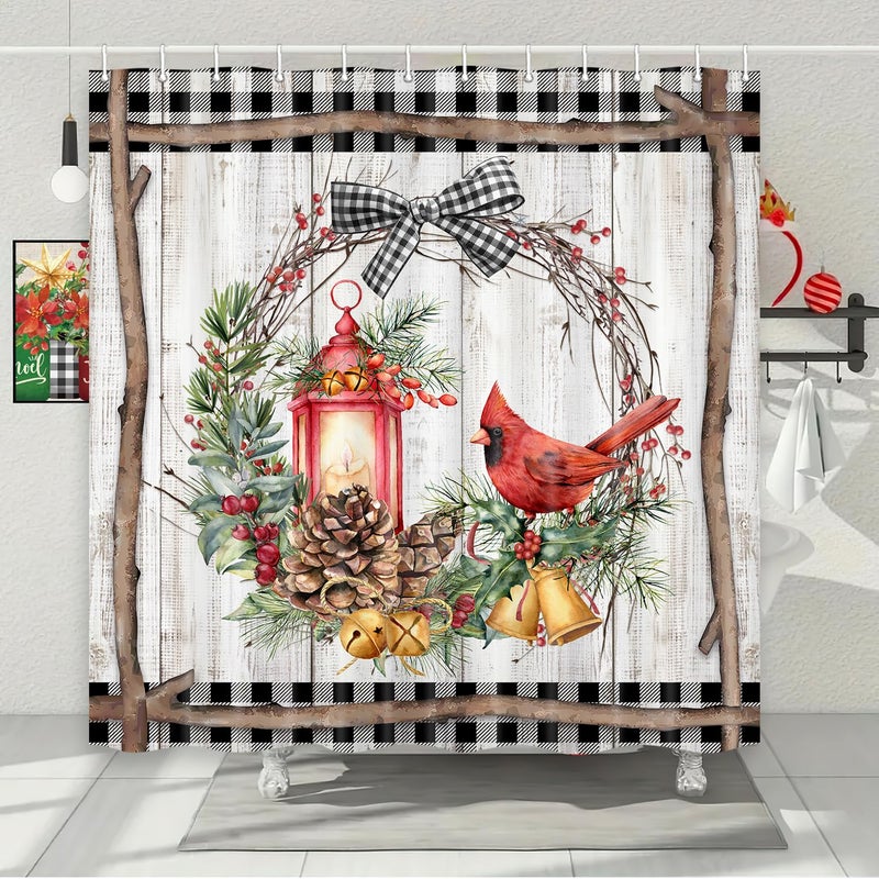 Wathon Rustic Snow Forest Shower Curtain  Snowy Teal Green Countryside Landscape Bath Curtain Christmas Pine Tree Cardinal Deer Snowflake  Winter Nature Scene Xmas Holiday Bathroom Decorations 70x70IN - Image 1