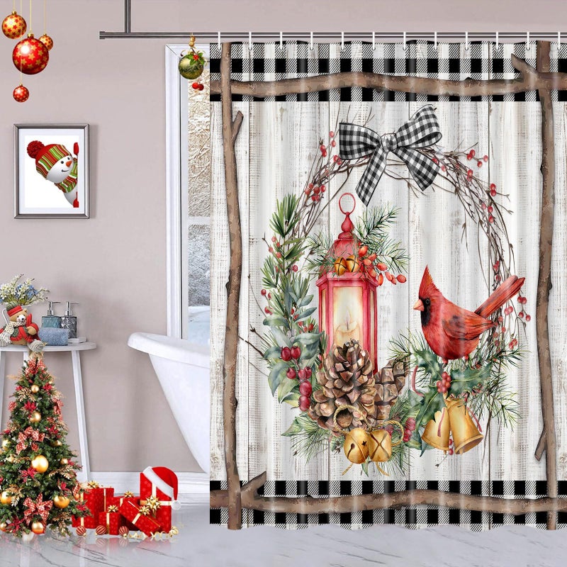 Wathon Rustic Snow Forest Shower Curtain  Snowy Teal Green Countryside Landscape Bath Curtain Christmas Pine Tree Cardinal Deer Snowflake  Winter Nature Scene Xmas Holiday Bathroom Decorations 70x70IN - Image 2
