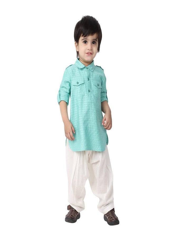 Fabindia Baby Boy's Viscose Blend Dobby Regular Kurta Set (100060401_Turquoise - Image 1