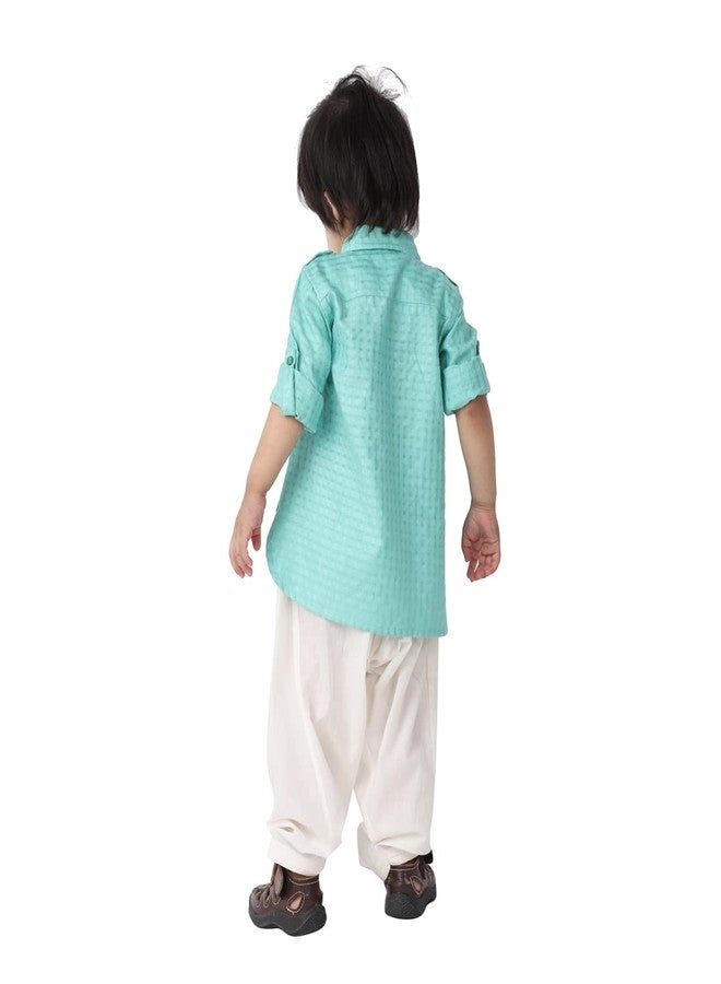 Fabindia Baby Boy's Viscose Blend Dobby Regular Kurta Set (100060401_Turquoise - Image 4