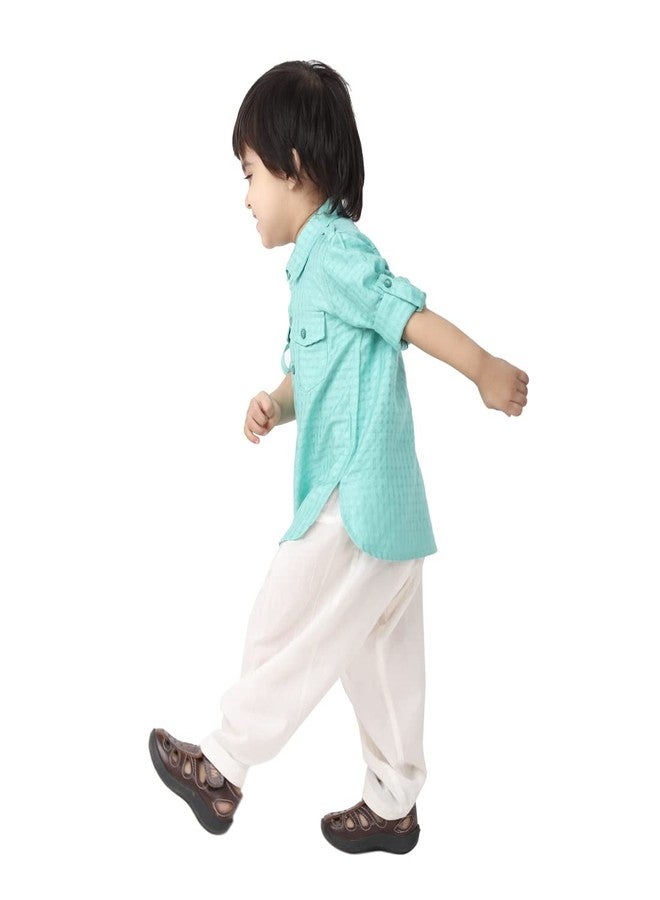 Fabindia Baby Boy's Viscose Blend Dobby Regular Kurta Set (100060401_Turquoise - Image 2