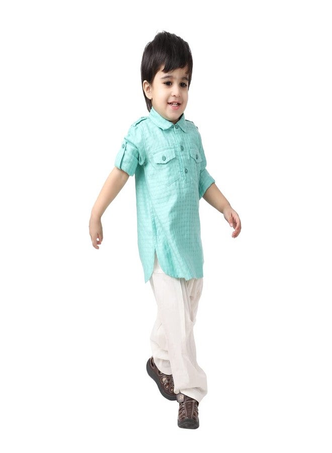 Fabindia Baby Boy's Viscose Blend Dobby Regular Kurta Set (100060401_Turquoise - Image 3