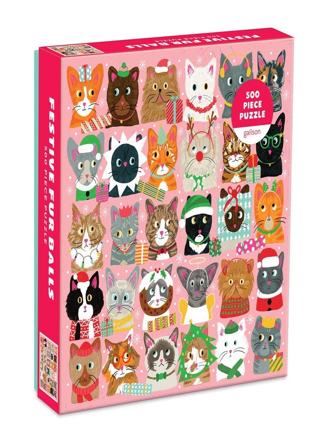 Galison Festive Furballs Puzzle, 500 Pieces, 20” x 20” - Cat Jigsaw Puzzle Featuring a Festive Holiday Illustration by Liza Lewis - Thick, Sturdy Pieces, Challenging Family Activity, Great Gift Idea