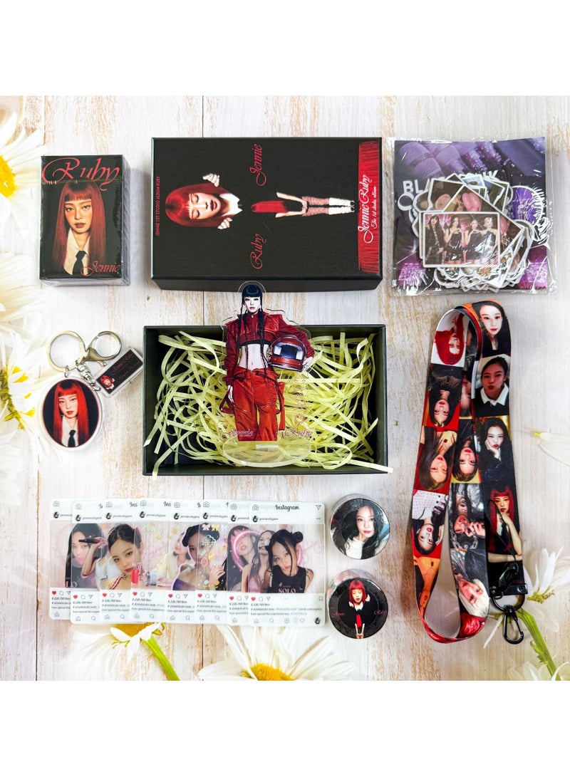 EHOME BLACKPINK Member JENNIE Album RUBY Gift Box With Lomo Cards, Acrylic Stand, Hand Account Tape, Keychain, Lanyard, Stickers, Photo Card  - Image 5