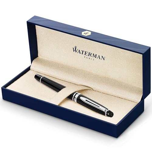 Waterman Expert Fountain Pen, Gloss Black with Chrome Trim, Fine Nib with Blue Ink Cartridge, Gift Box - Image 1