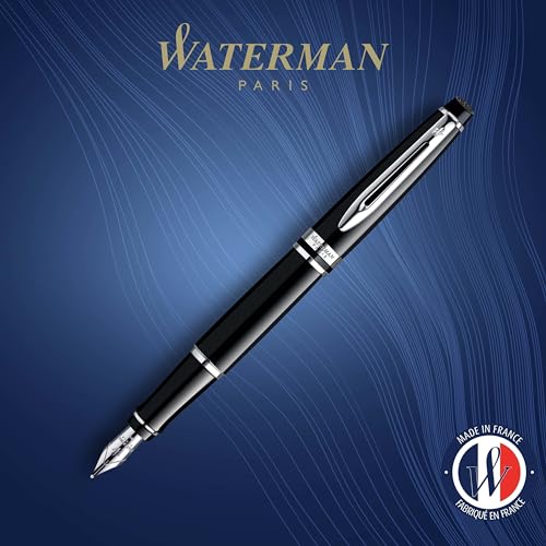 Waterman Expert Fountain Pen, Gloss Black with Chrome Trim, Fine Nib with Blue Ink Cartridge, Gift Box - Image 2