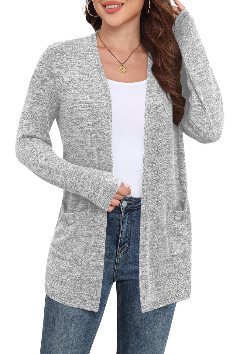Yincro Womens Lightweight Cardigan Long Sleeve Open Front Casual Sweater Cardigans with Pockets (Light Gray, L) - Image 3