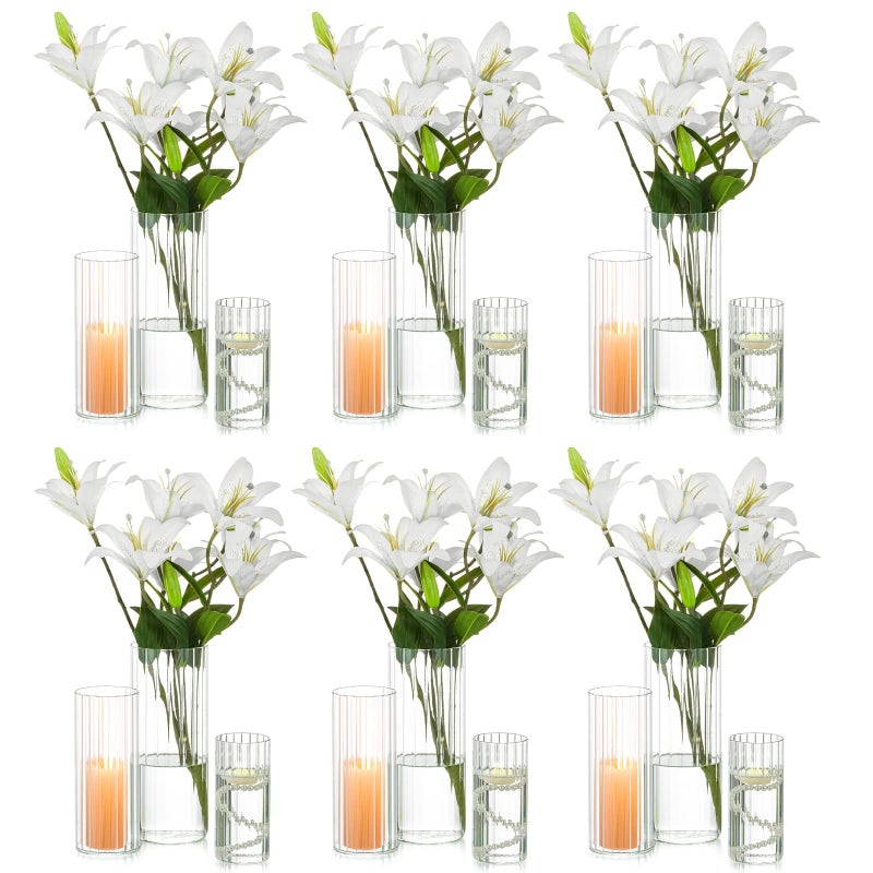 Hewory Glass Cylinder Ribbed Vases Set of 18 Tall Clear Vase for Centerpieces Hurricane Candle Holders for Pillar or Floating Candles Round Vases for Wedding Anniversary Events Home Table Decor