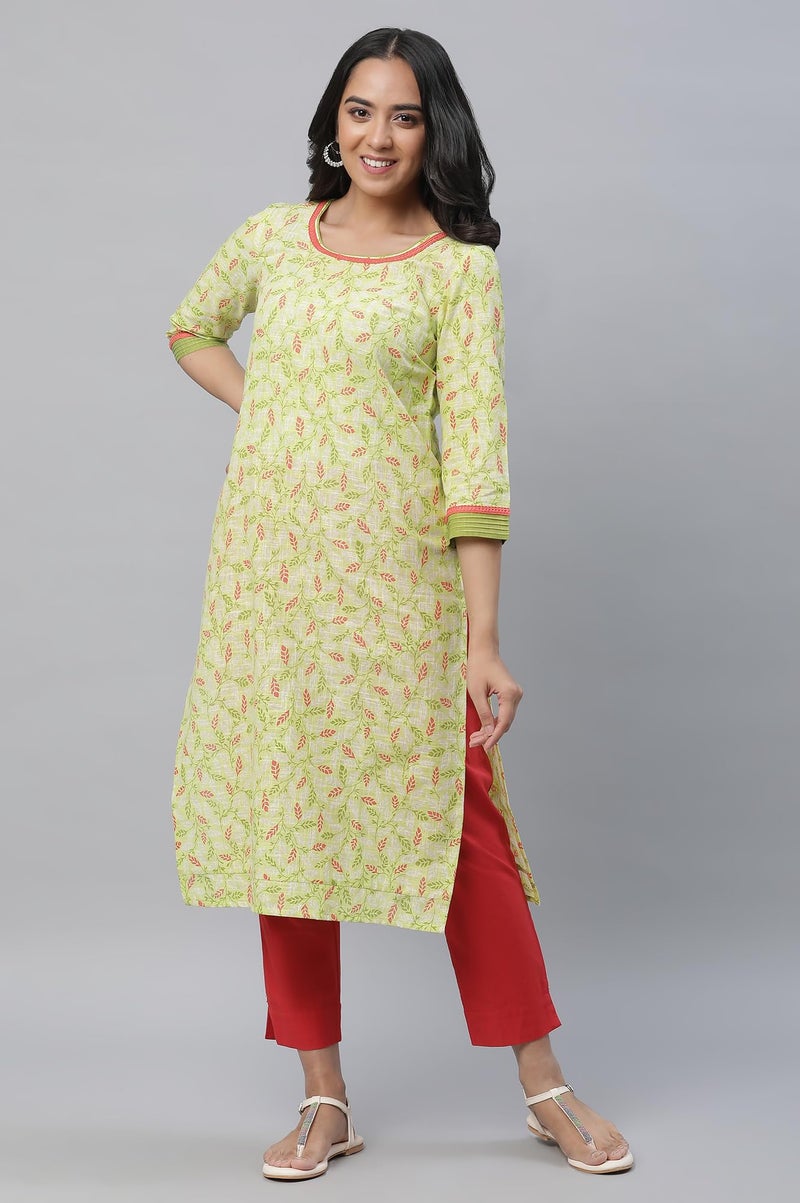 Aurelia Green Leaf Print Cotton Regular Kurta for Women - Image 2