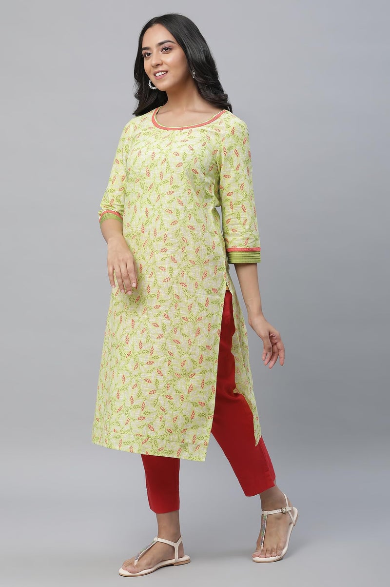 Aurelia Green Leaf Print Cotton Regular Kurta for Women - Image 3