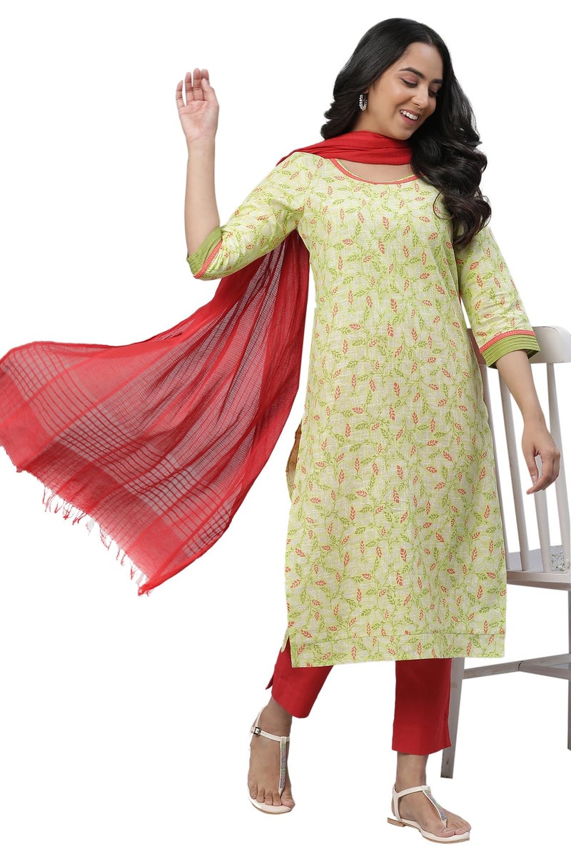 Aurelia Green Leaf Print Cotton Regular Kurta for Women - Image 1