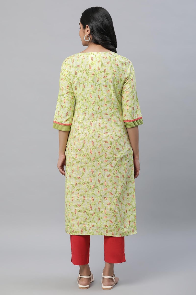 Aurelia Green Leaf Print Cotton Regular Kurta for Women - Image 4