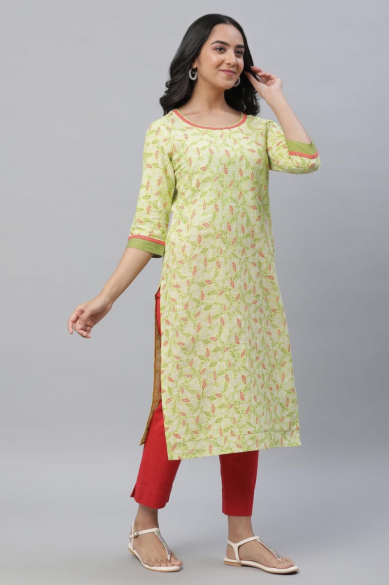 Aurelia Green Leaf Print Cotton Regular Kurta for Women - Image 5