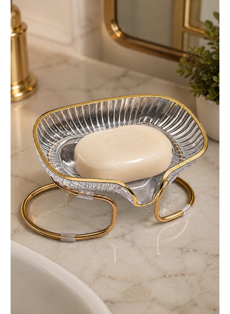 TURAN Self-Draining Soap Holder, Non-perforated Easy to Clean Soap Dispenser with Gold Metal Holder, Suitable for Bathtub and Bathroom - Image 2