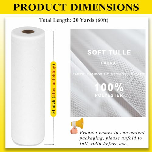 Ableme Deco 54" by 20 Yards White Tulle Fabric Rolls - Tutu Spool Bolt for DIY Wedding Decoration, Baby Shower Tutu Skirt, Gift Wrapping - Large Matte Tulle, Roll Packaging - Image 3