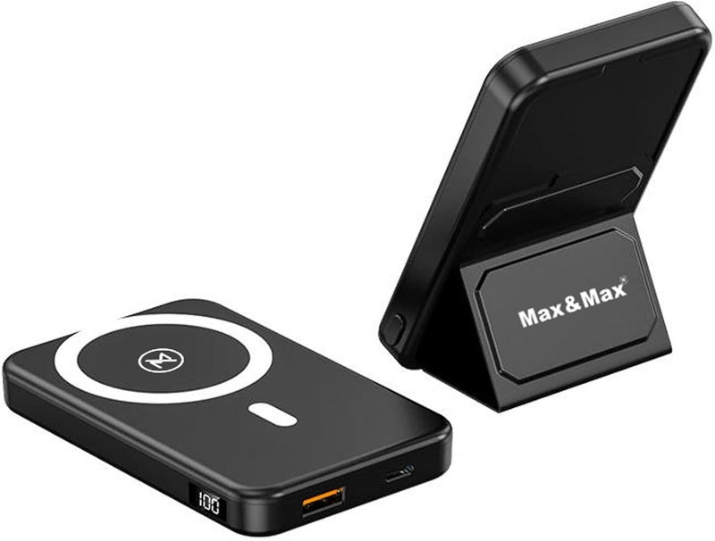 Max & Max 10000mAh Magnetic Power Bank with Wireless Charging and Foldable Stand - Black - Image 3