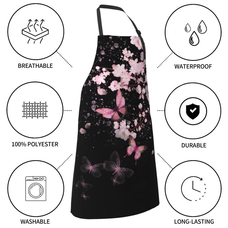 DZGlobal Cherry Blossom Apron with Pockets - Pink Flowers Black Cooking Aprons Adjustable Kitchen Bib for Men Women Chef Gardening Baking - Image 5
