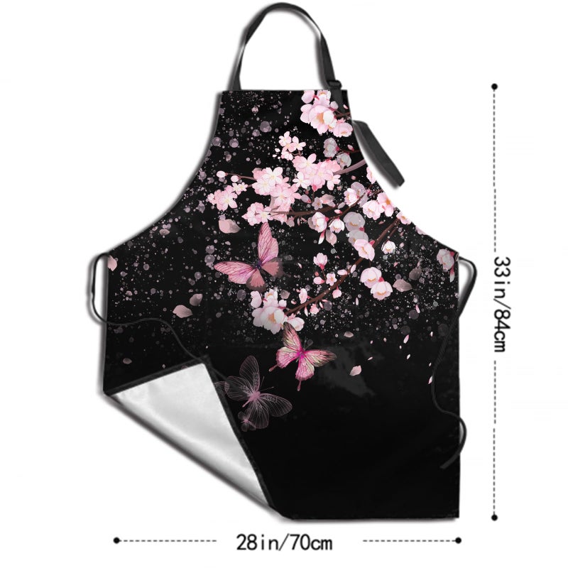 DZGlobal Cherry Blossom Apron with Pockets - Pink Flowers Black Cooking Aprons Adjustable Kitchen Bib for Men Women Chef Gardening Baking - Image 4