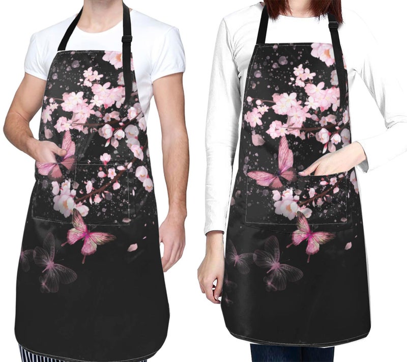 DZGlobal Cherry Blossom Apron with Pockets - Pink Flowers Black Cooking Aprons Adjustable Kitchen Bib for Men Women Chef Gardening Baking - Image 2