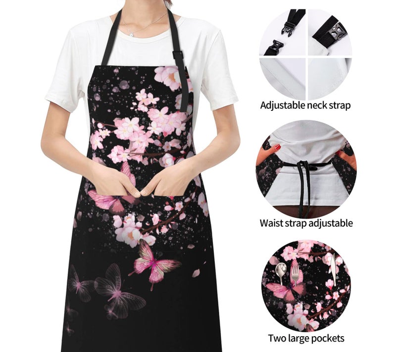 DZGlobal Cherry Blossom Apron with Pockets - Pink Flowers Black Cooking Aprons Adjustable Kitchen Bib for Men Women Chef Gardening Baking - Image 3