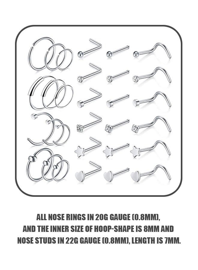 30 Pcs 20G Nose Rings For Women Nose Piercings Jewelry Gold Nose Rings Hoops Stainless Steel Nose Studs Screw For Women Men Silver - Image 2
