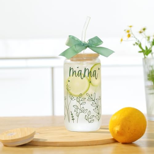 KMCCUMBER Gifts for Mom-Bow Mama Glass Cup with Lids and Straws Cute Aesthetic Iced Coffee Cup Smoothie Tumbler Gift for Mothers Day Christmas New Mom to be Personalized Birthday Presents for Women 16oz - Image 4