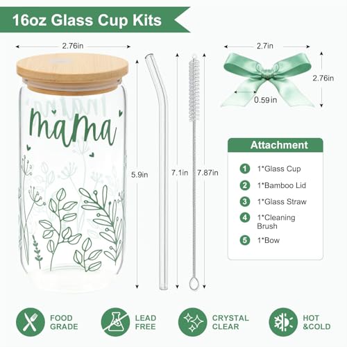 KMCCUMBER Gifts for Mom-Bow Mama Glass Cup with Lids and Straws Cute Aesthetic Iced Coffee Cup Smoothie Tumbler Gift for Mothers Day Christmas New Mom to be Personalized Birthday Presents for Women 16oz - Image 2