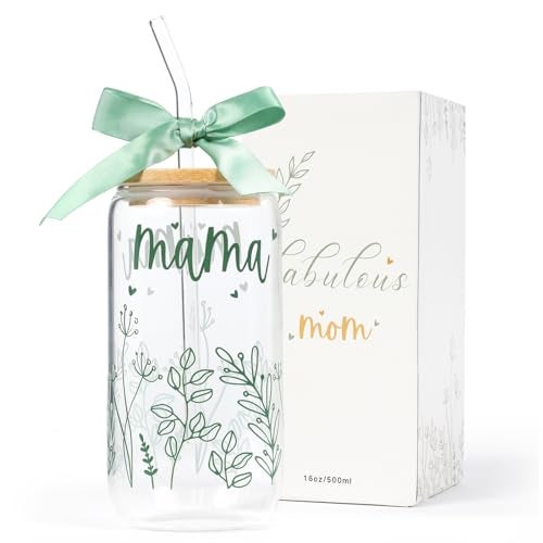 KMCCUMBER Gifts for Mom-Bow Mama Glass Cup with Lids and Straws Cute Aesthetic Iced Coffee Cup Smoothie Tumbler Gift for Mothers Day Christmas New Mom to be Personalized Birthday Presents for Women 16oz - Image 1