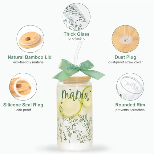 KMCCUMBER Gifts for Mom-Bow Mama Glass Cup with Lids and Straws Cute Aesthetic Iced Coffee Cup Smoothie Tumbler Gift for Mothers Day Christmas New Mom to be Personalized Birthday Presents for Women 16oz - Image 5