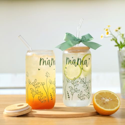 KMCCUMBER Gifts for Mom-Bow Mama Glass Cup with Lids and Straws Cute Aesthetic Iced Coffee Cup Smoothie Tumbler Gift for Mothers Day Christmas New Mom to be Personalized Birthday Presents for Women 16oz - Image 3