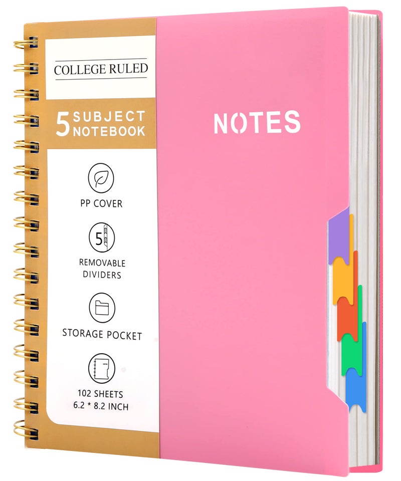 CAGIE Spiral Journal Notebooks for Work with Removable Dividers Tabs, A5 Small 5 Subject College Ruled Notebook, Pink Journaling Notebooks for Women Men with Plastic Cover, Pink - Image 1