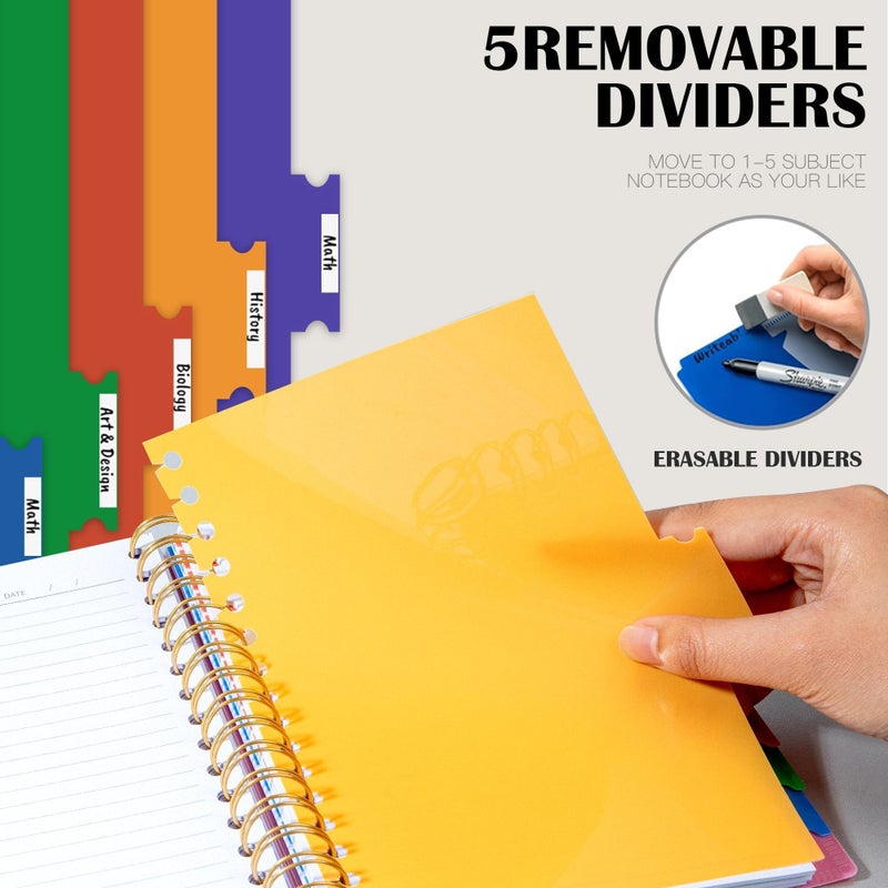 CAGIE Spiral Journal Notebooks for Work with Removable Dividers Tabs, A5 Small 5 Subject College Ruled Notebook, Pink Journaling Notebooks for Women Men with Plastic Cover, Pink - Image 3