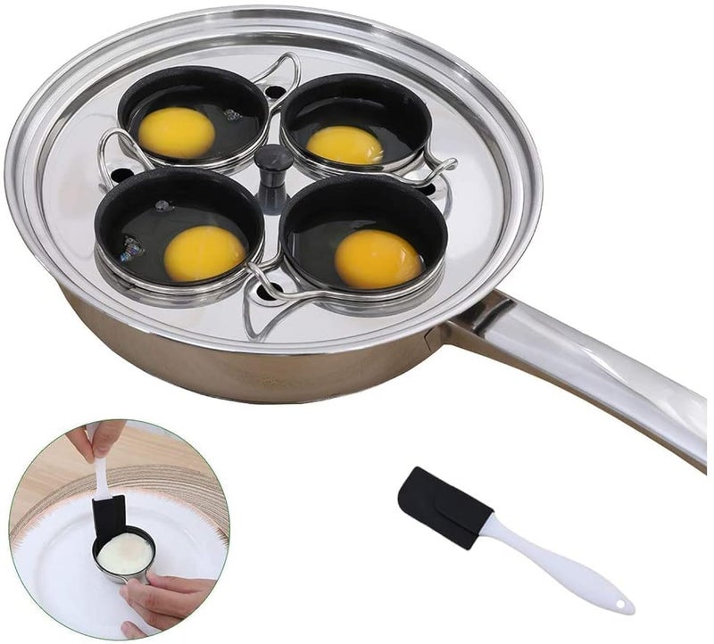4 Cups Egg Poacher Pan Stainless Steel Poached Egg Cooker Induction Cooktop Egg Poachers Cookware Set with 4 Nonstick Large PFOA FREE Egg Poacher Cups and Silicone Spatula