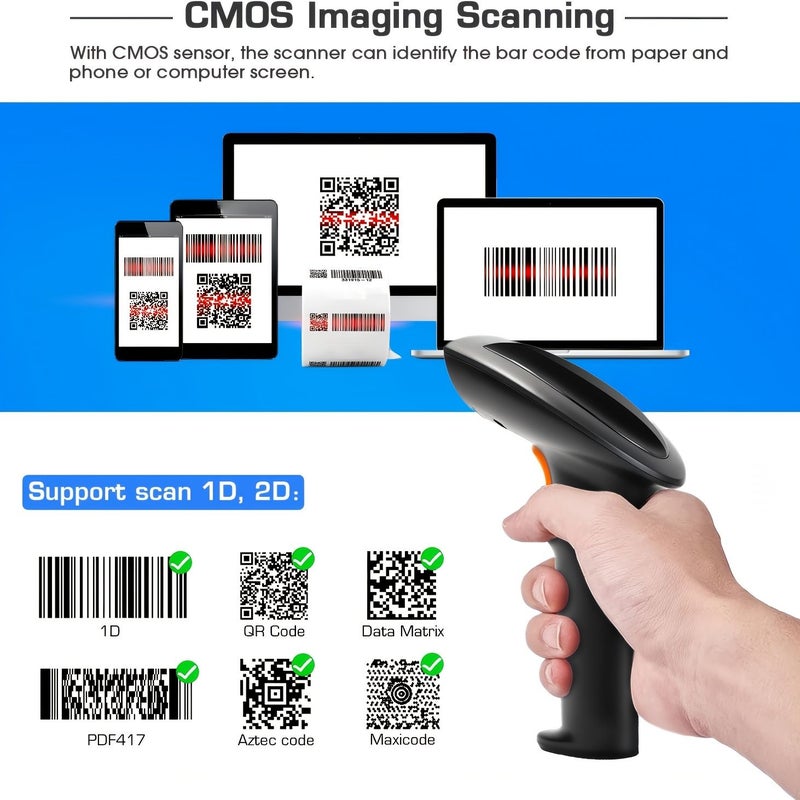 ماسح ضوئي للباركود 2D USB سلكي يدوي 1D 2D QR للمحلات التجارية والمستودعات ومتاجر التجزئة والشحن السريع باللون الأسود مع حامل - Image 3