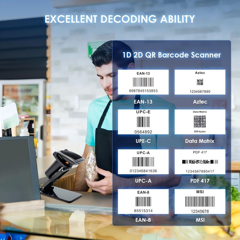 ماسح ضوئي للباركود 2D USB سلكي يدوي 1D 2D QR للمحلات التجارية والمستودعات ومتاجر التجزئة والشحن السريع باللون الأسود مع حامل - Image 2
