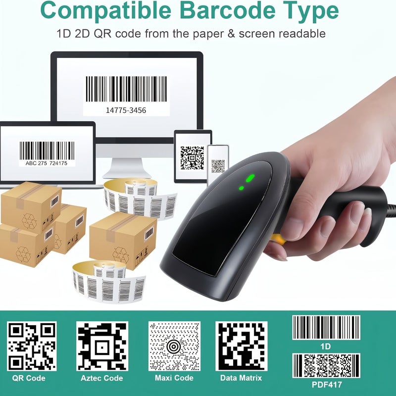 ماسح ضوئي للباركود 2D USB سلكي يدوي 1D 2D QR للمحلات التجارية والمستودعات ومتاجر التجزئة والشحن السريع باللون الأسود مع حامل - Image 5
