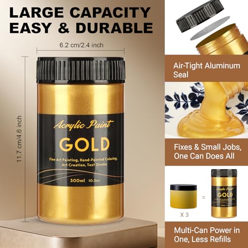 Melispapa 300ml Gold Metallic Acrylic Paint, Non Toxic Waterproof Gold Metallic Acrylic Paint for Fabric, Leather, Ceramic, Canvas, Rocks, Metal, Plastic, Glass - Image 2
