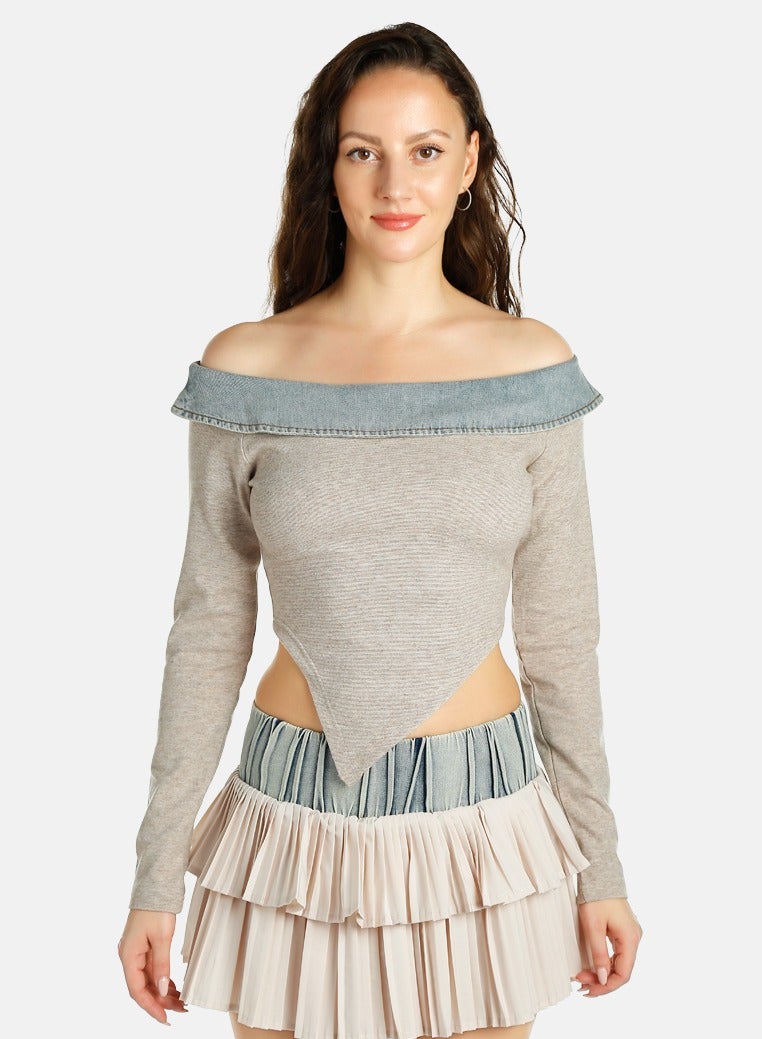 London Rag Off Shoulder Denim Paneling Top - Image 1