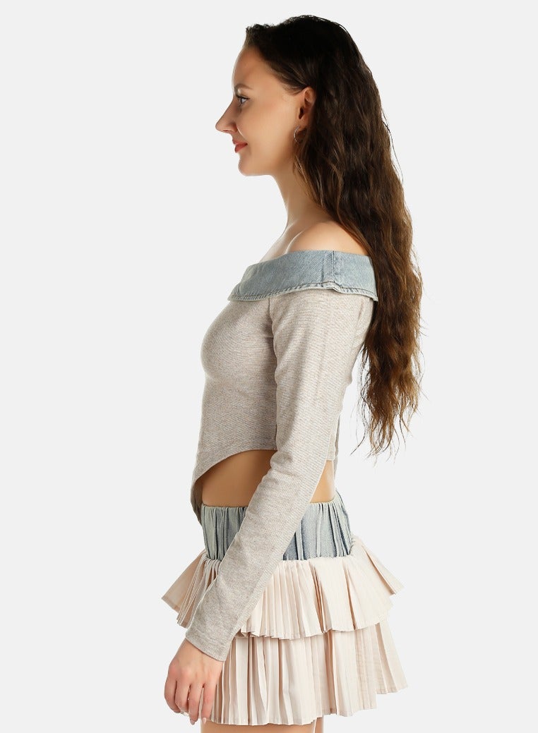 London Rag Off Shoulder Denim Paneling Top - Image 2