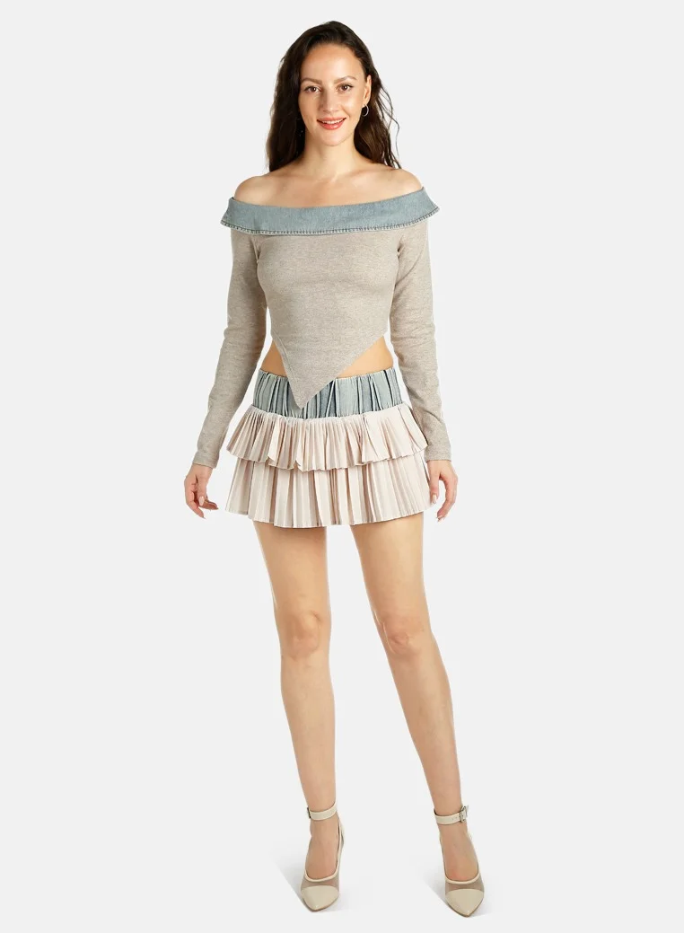 London Rag Off Shoulder Denim Paneling Top