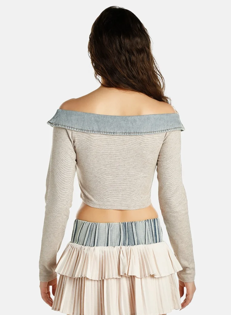 London Rag Off Shoulder Denim Paneling Top