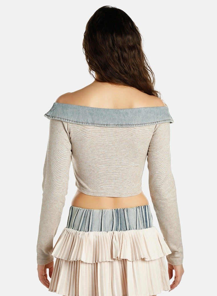 London Rag Off Shoulder Denim Paneling Top - Image 3