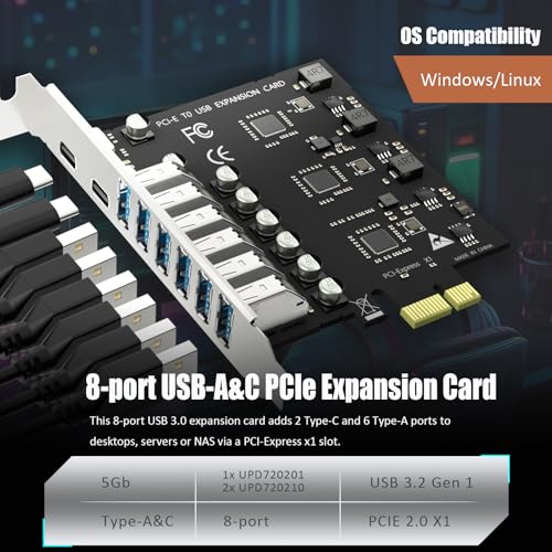 GLOTRENDS GLOTREND U6A2C 8-Port PCIe USB Expansion Card, 2 USB-C & 6 USB-A Ports (USB 3.2 Gen 1), Compatible with Windows Linux (Not for Mac OS) - Image 3
