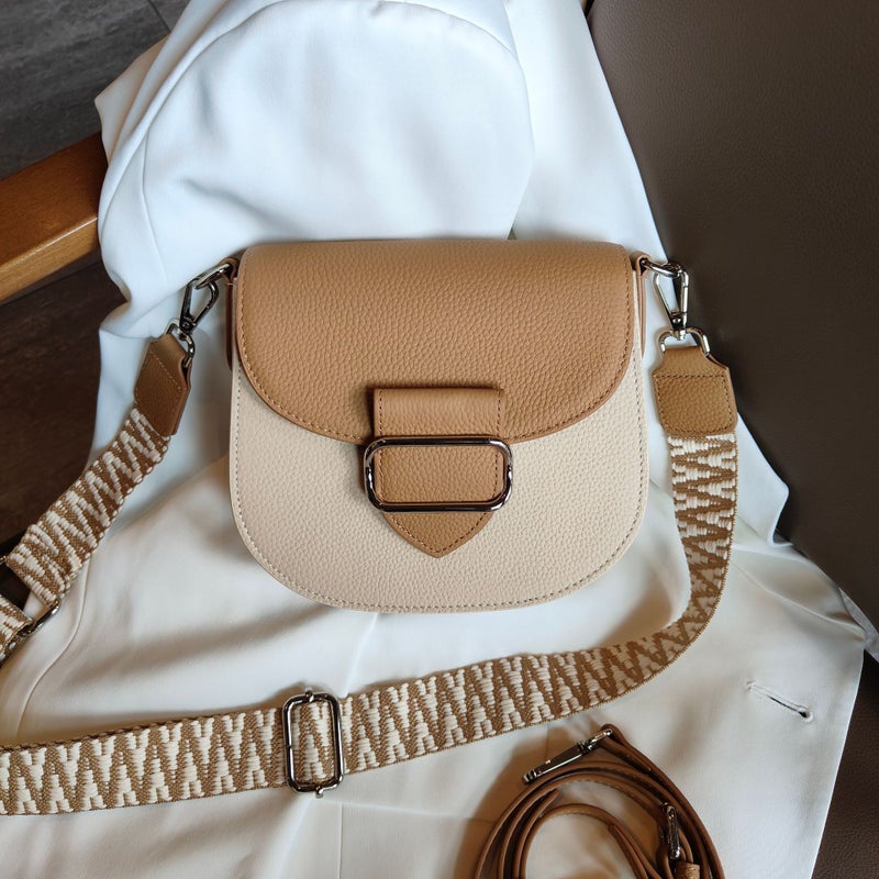 2023 New Saddle Bag Contrast Shoulder Messenger Bag Top Layer Cowhide High Sense Small Square Bag Supply - Image 1