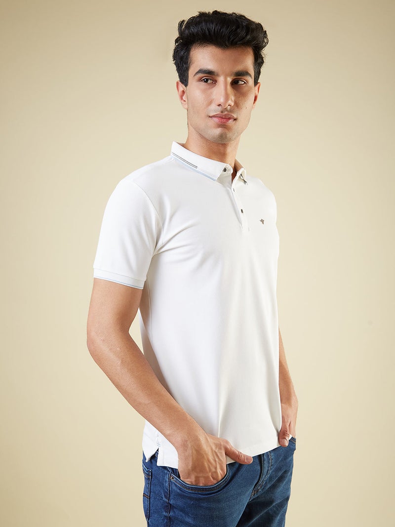 STATUS QUO Solid White Tipping Collar Polo T-shirt - Image 2