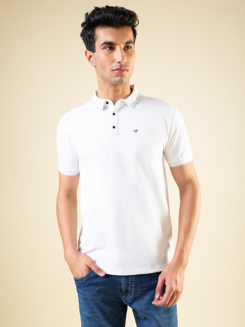 STATUS QUO Solid White Tipping Collar Polo T-shirt - Image 1