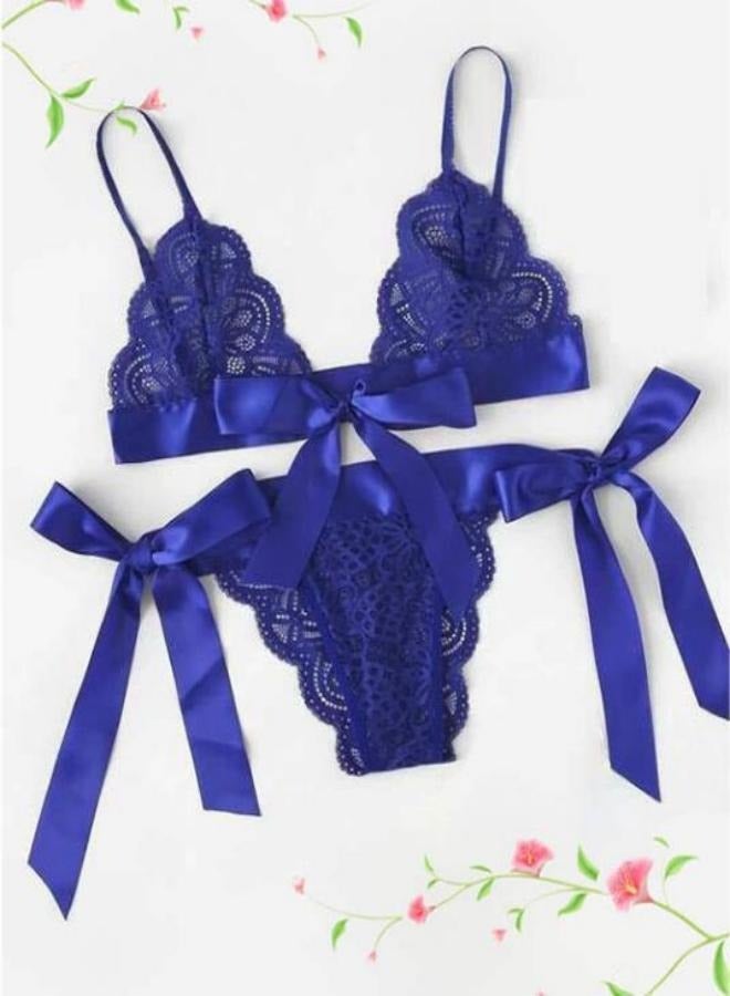 Women's Soft Cup Bra and Underwear Set Lingerie Sets Chemises Bralette Lace Straps Hollow Fishnet Triangle Bra Bow-knot High Cut Brief blue - Image 1