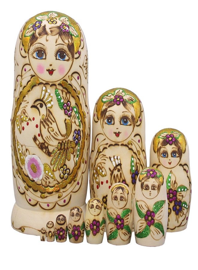 Moonmo 10pcs Golden Flower Fairy with Bird Handmade Wooden Russian Nesting Dolls Matryoshka Wooden Toys - Image 1